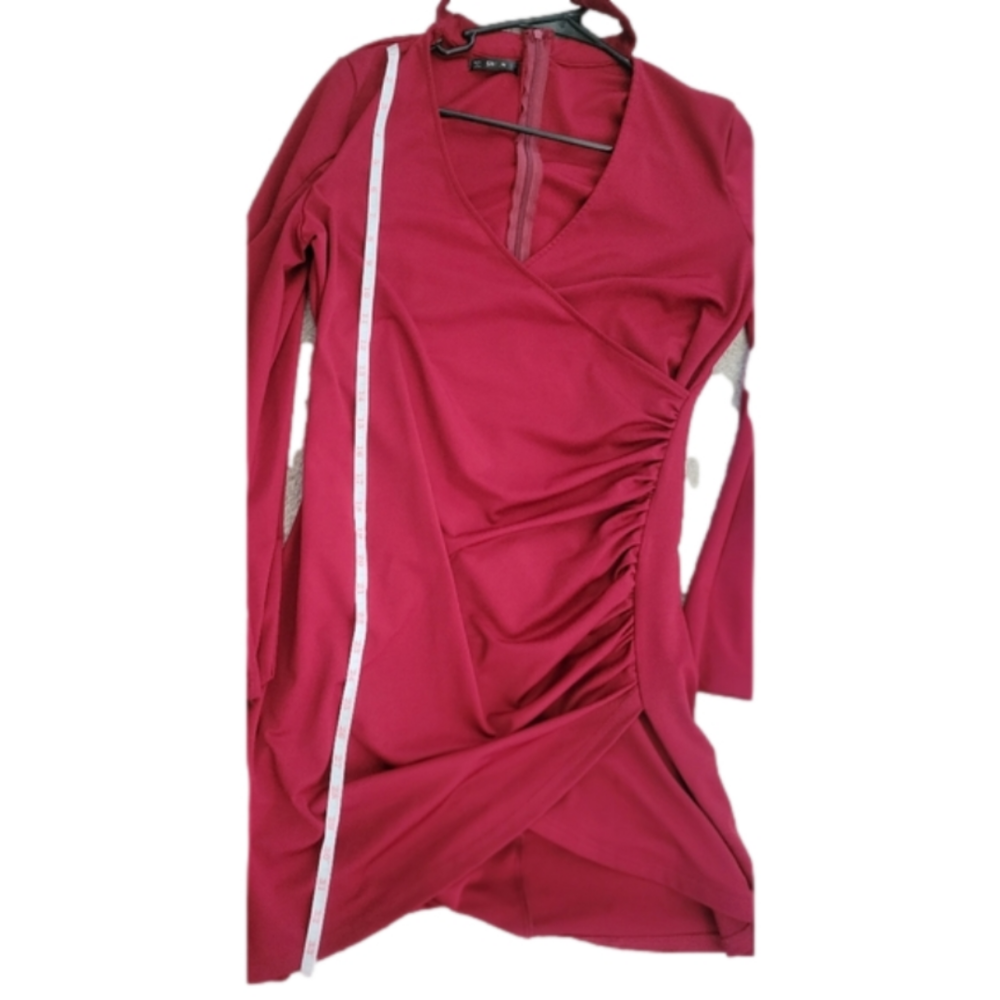 *sold*Shein Wrap Ruched Split Sleeve Solid Dress Red bloggers Fav - Picture 5 of 6
